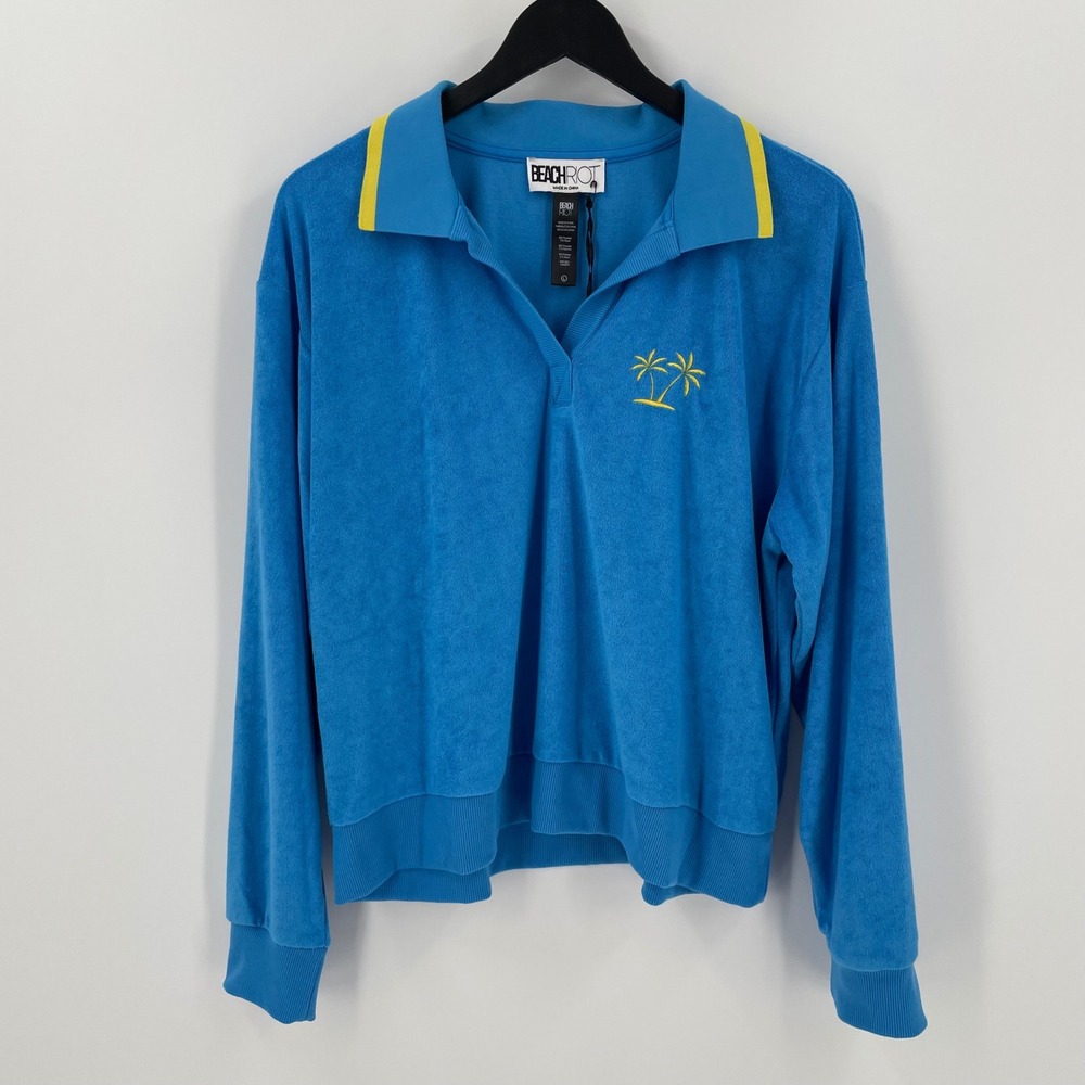 Beach Riot Martina Polo Top Caribbean Blue Terry Cloth Palm Tree Pullover L NWT - Picture 2 of 7